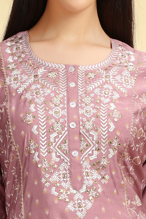 Lilac Roman Silk Embroidered Straight Kurta Pant Co ord Set for women