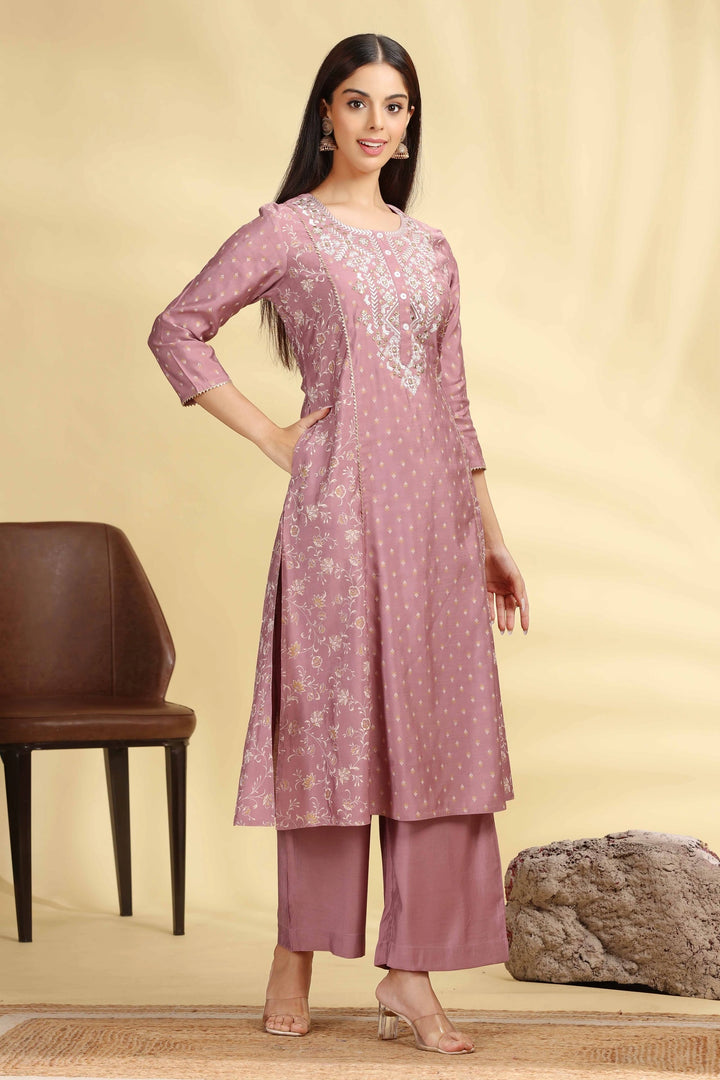 Lilac Roman Silk Embroidered Straight Kurta Pant Co ord Set for women