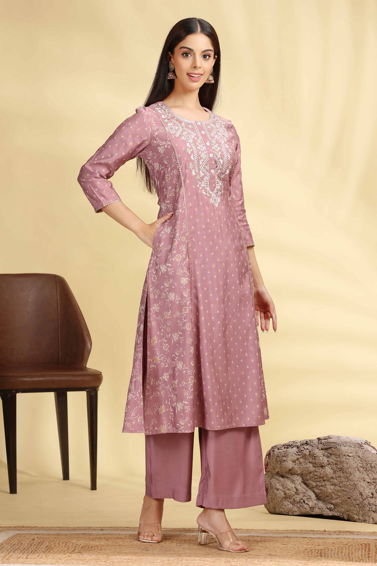 Lilac Roman Silk Embroidered Straight Kurta Pant Co ord Set for women