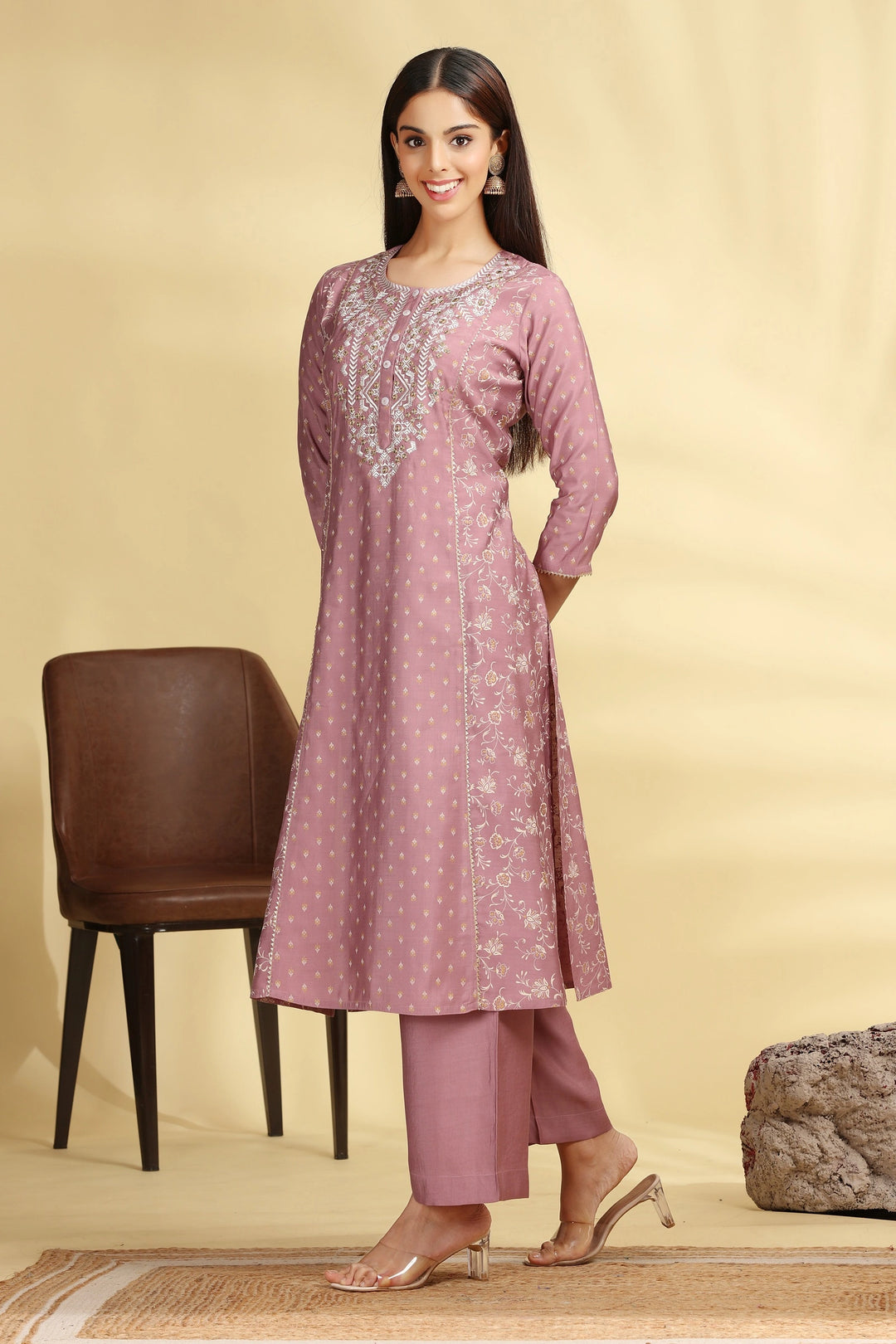 Lilac Roman Silk Embroidered Straight Kurta Pant Co ord Set for women