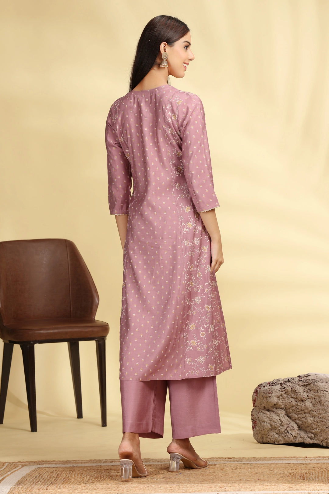 Lilac Roman Silk Embroidered Straight Kurta Pant Co ord Set for women