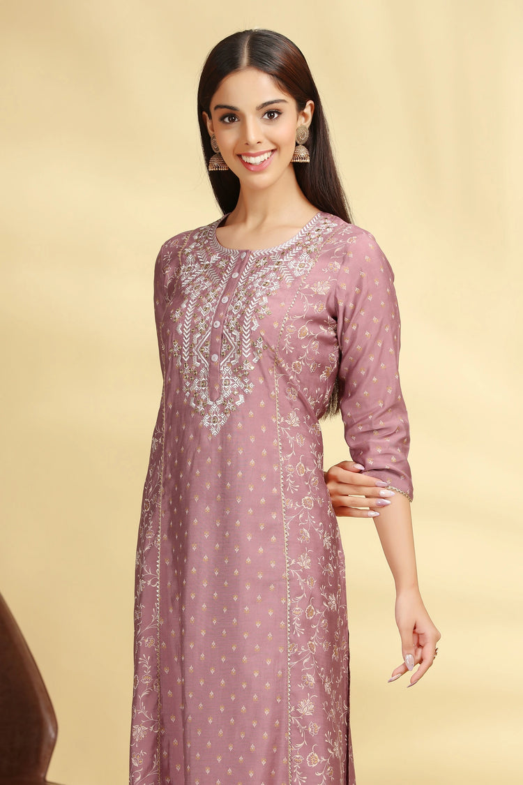 Lilac Roman Silk Embroidered Straight Kurta Pant Co ord Set for women