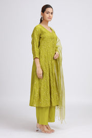 Lime Green Chanderi Embroidered A Line Kurta Pant and Dupatta Suit Set