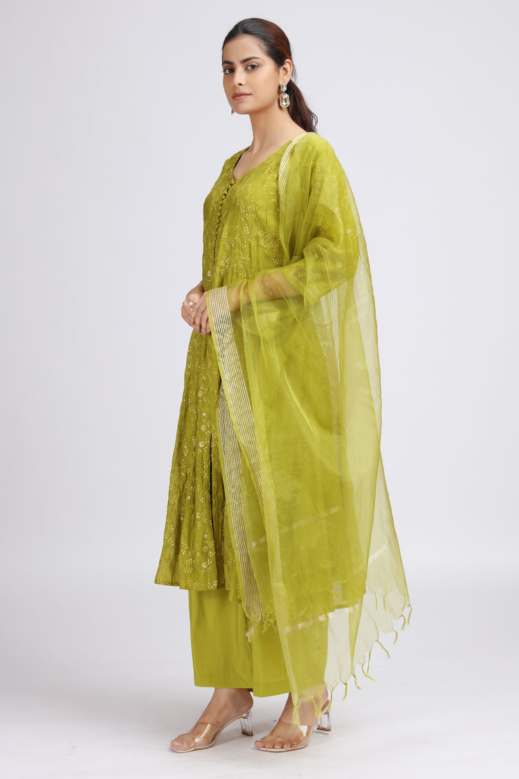 Lime Green Chanderi Embroidered A Line Kurta Pant and Dupatta Suit Set