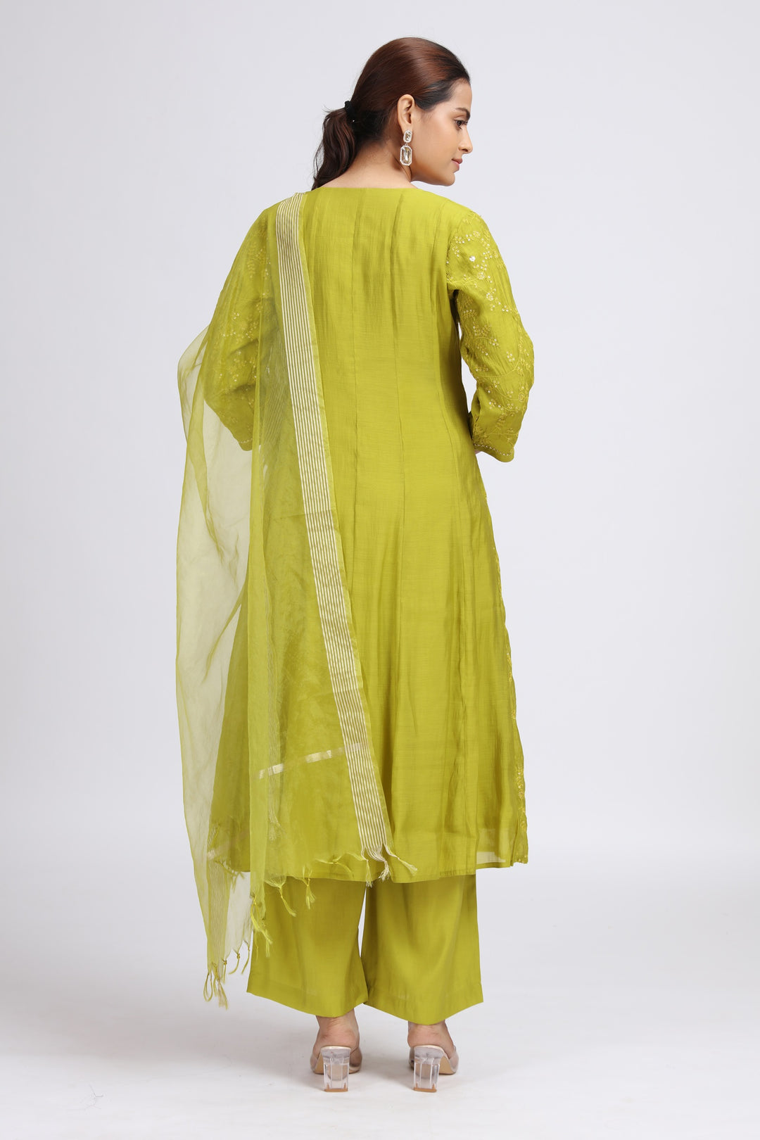 Lime Green Chanderi Embroidered A Line Kurta Pant and Dupatta Suit Set