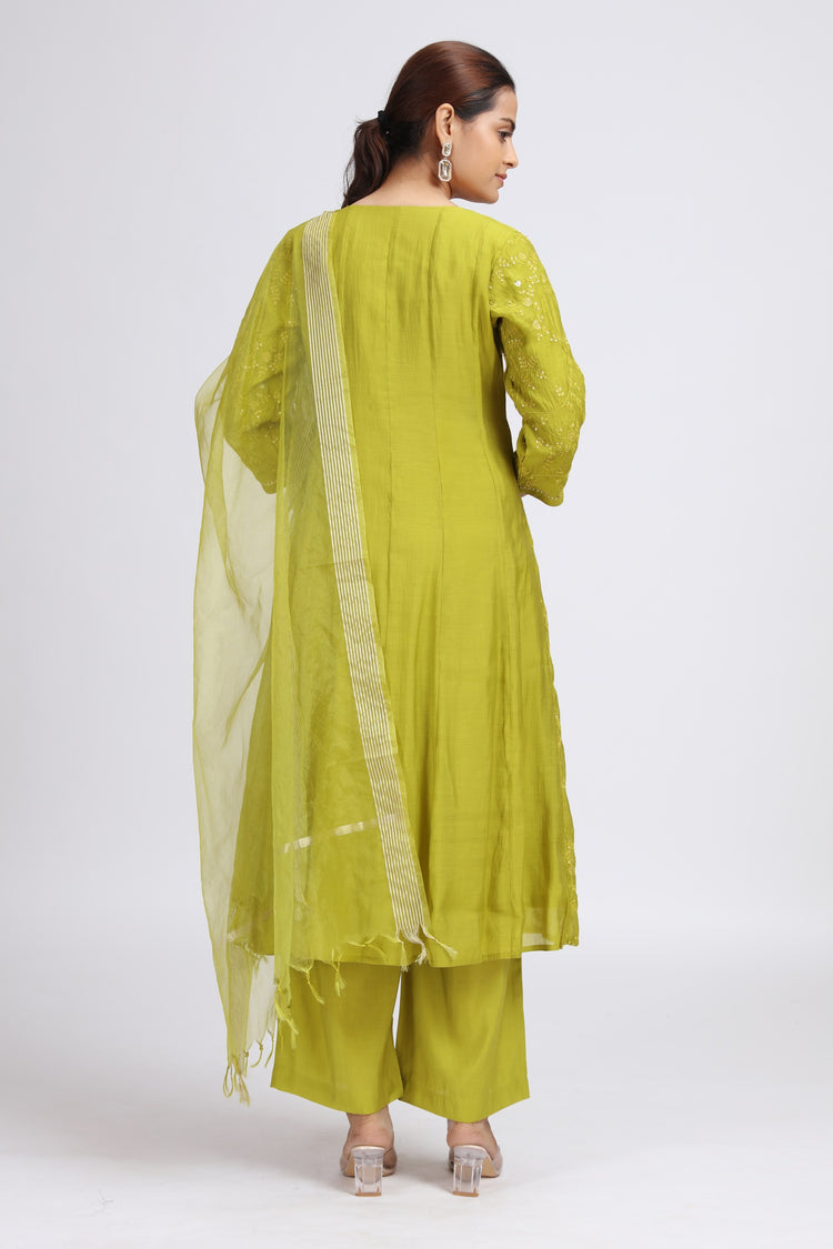 Lime Green Chanderi Embroidered A Line Kurta Pant and Dupatta Suit Set