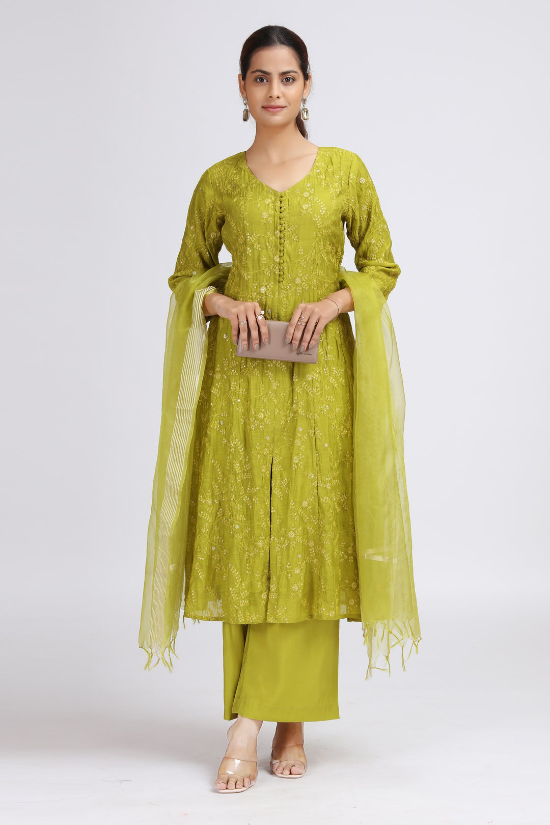 Lime Green Chanderi Embroidered A Line Kurta Pant and Dupatta Suit Set