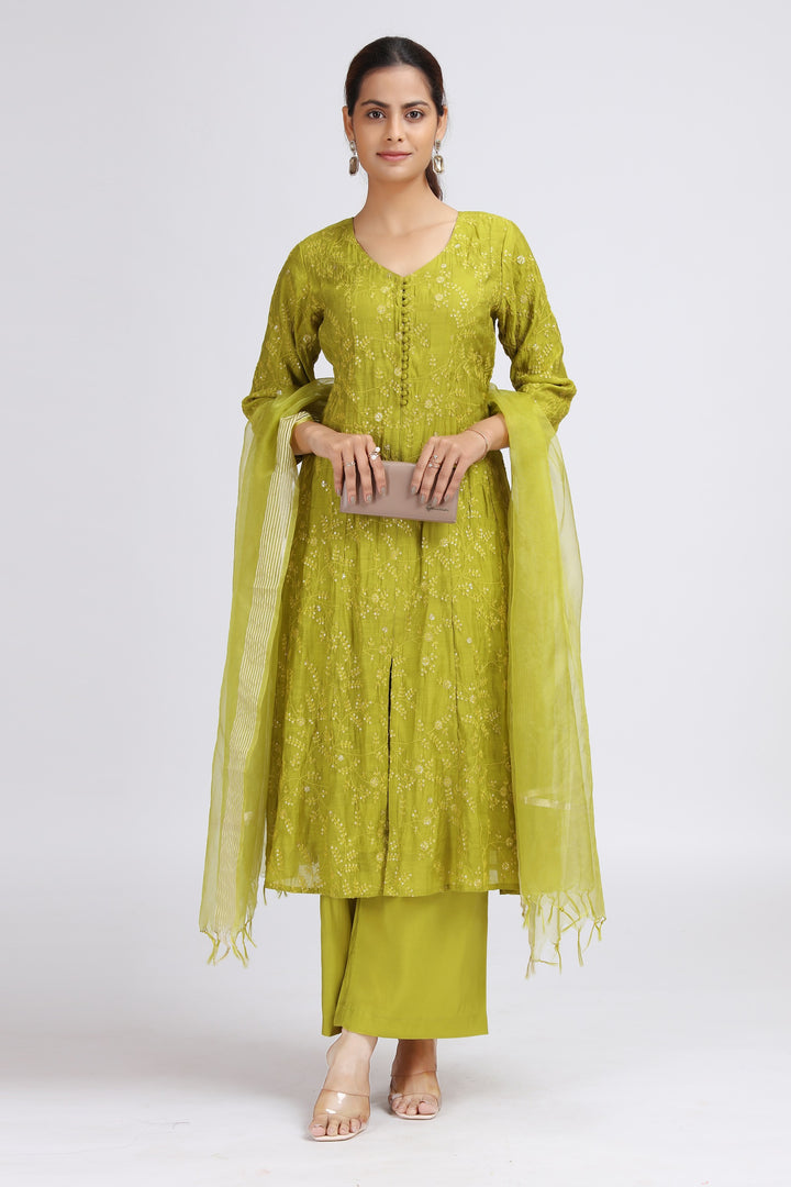 Lime Green Chanderi Embroidered A Line Kurta Pant and Dupatta Suit Set