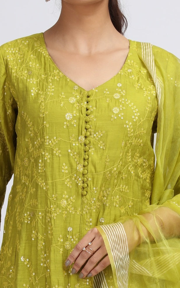 Lime Green Chanderi Embroidered A Line Kurta Pant and Dupatta Suit Set