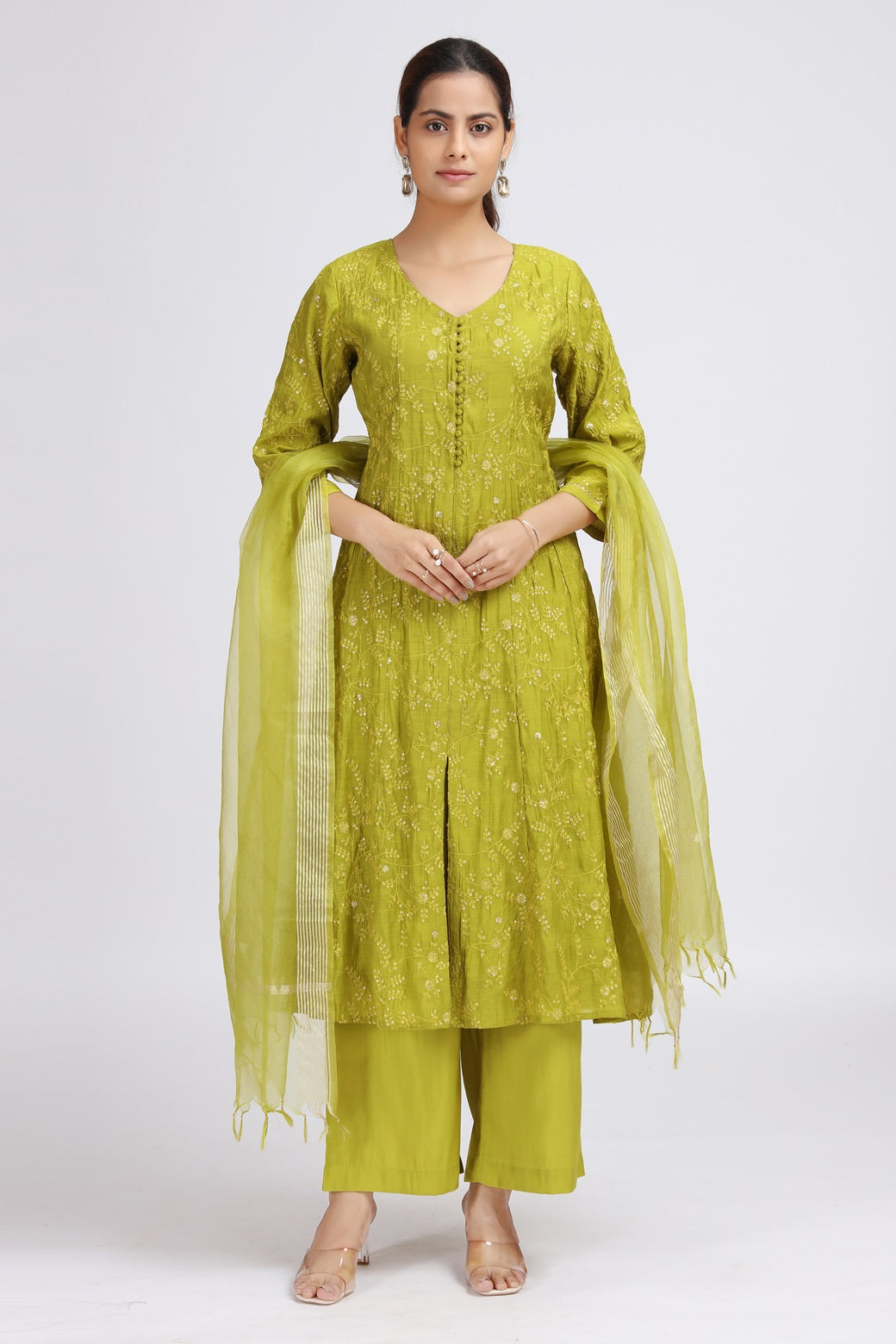 Lime Green Chanderi Embroidered A Line Kurta Pant and Dupatta Suit Set