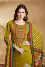 Lime Green Chanderi Embroidered Straight Kurta Pant and Dupatta Suit Set
