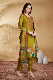 Lime Green Chanderi Embroidered Straight Kurta Pant and Dupatta Suit Set