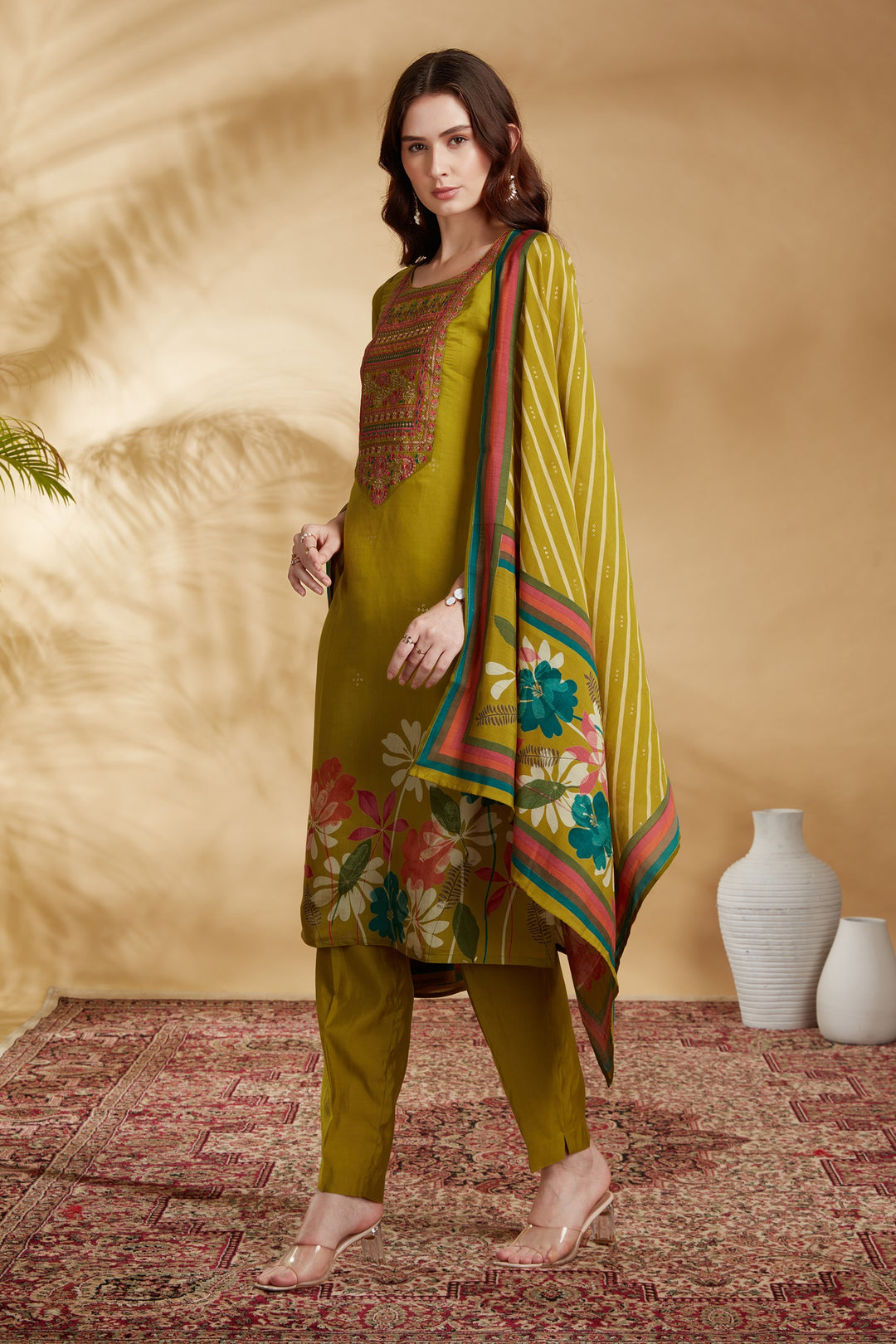 Lime Green Chanderi Embroidered Straight Kurta Pant and Dupatta Suit Set