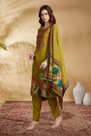 Lime Green Chanderi Embroidered Straight Kurta Pant and Dupatta Suit Set