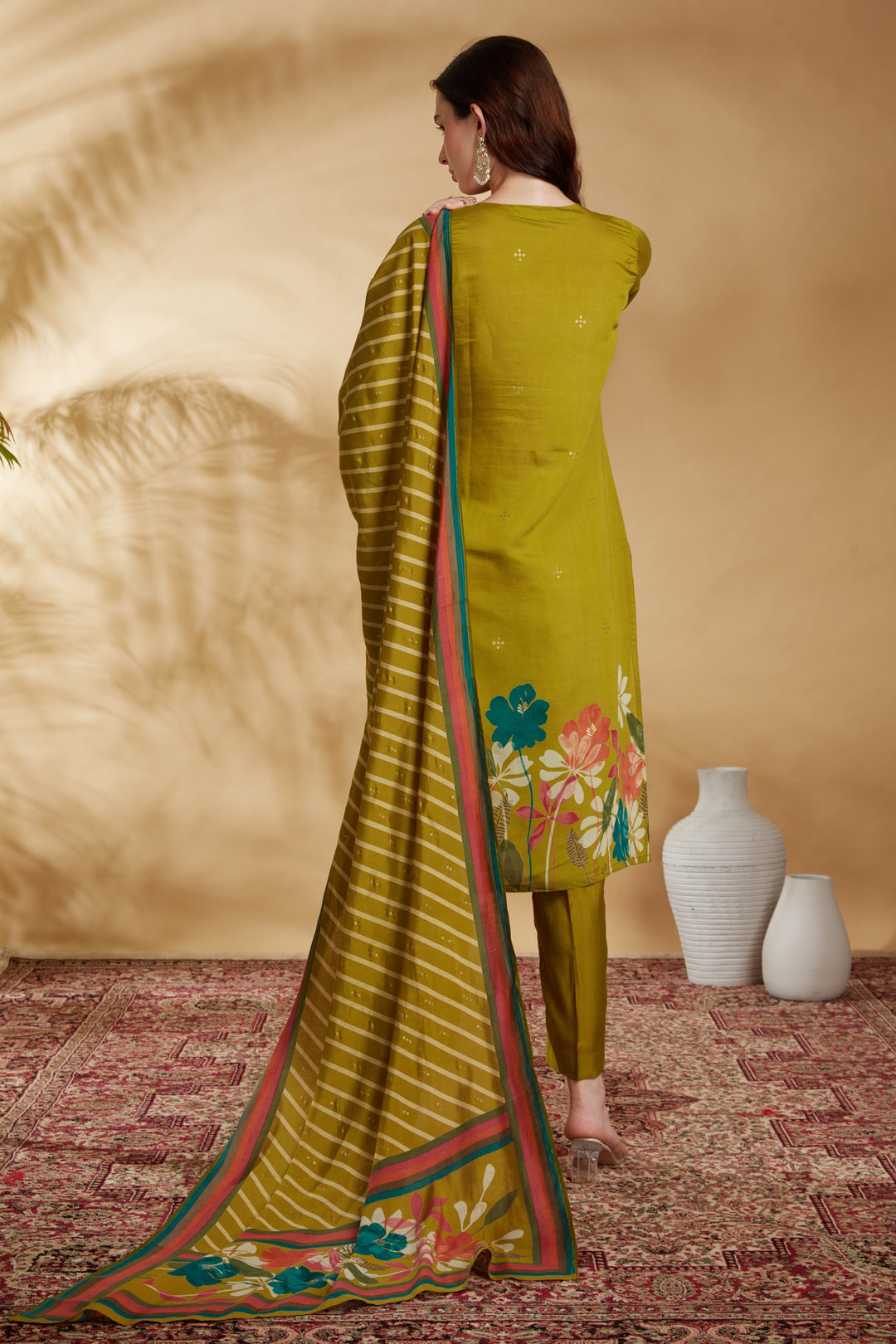 Lime Green Chanderi Embroidered Straight Kurta Pant and Dupatta Suit Set