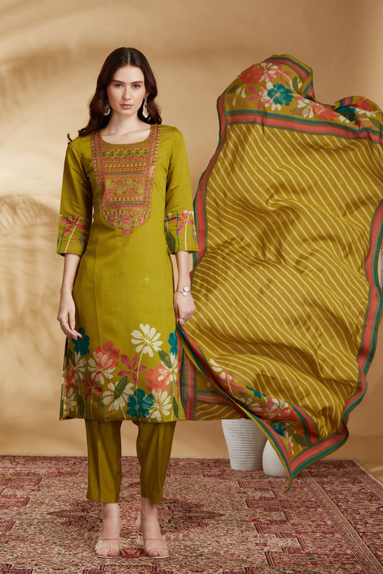 Lime Green Chanderi Embroidered Straight Kurta Pant and Dupatta Suit Set