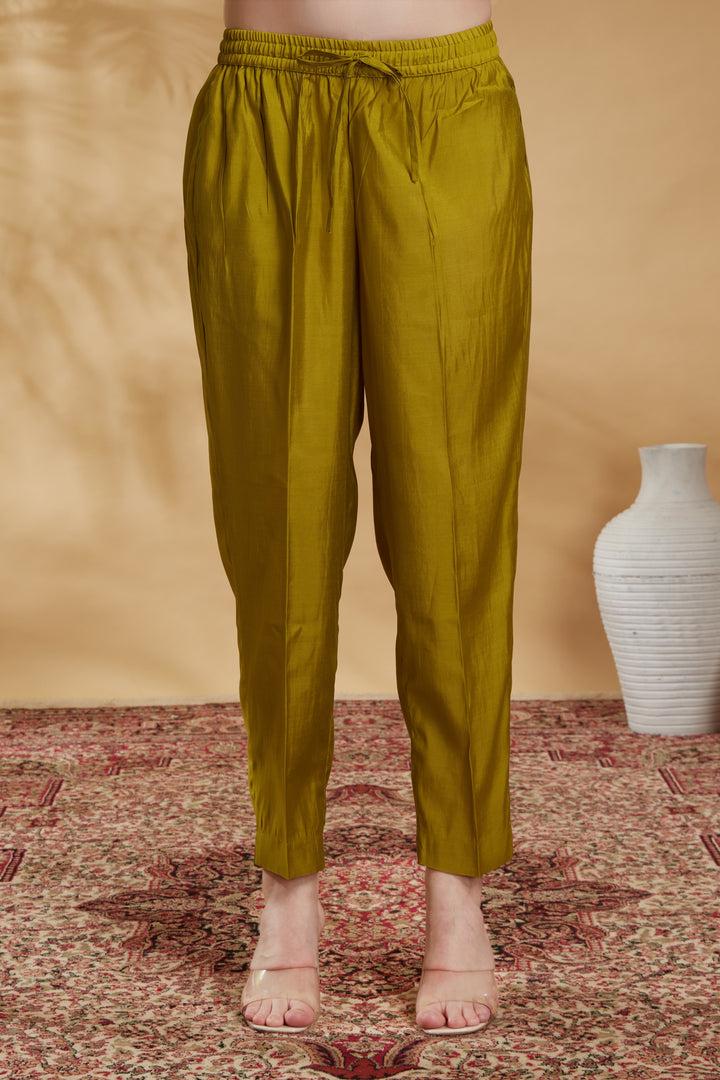 Lime Green Chanderi Embroidered Straight Kurta Pant and Dupatta Suit Set