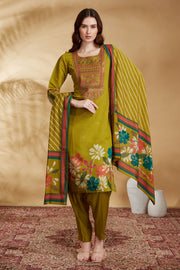 Lime Green Chanderi Embroidered Straight Kurta Pant and Dupatta Suit Set