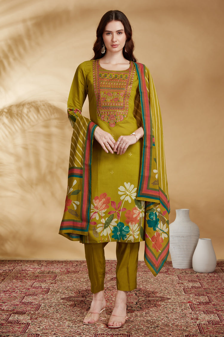 Lime Green Chanderi Embroidered Straight Kurta Pant and Dupatta Suit Set