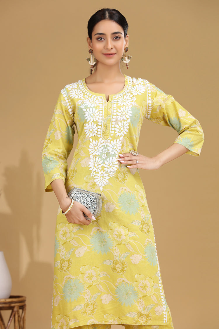 Lime Green Embroidered Cotton Straight Ethnic Set