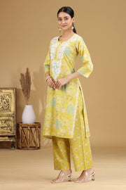 Lime Green Embroidered Cotton Straight Ethnic Set