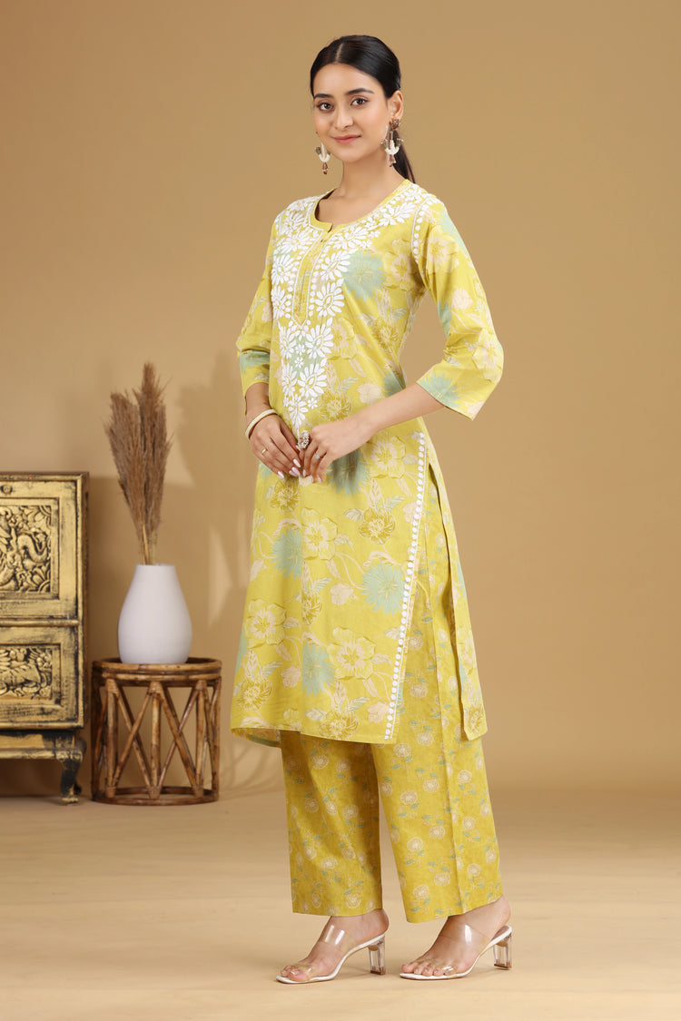 Lime Green Embroidered Cotton Straight Ethnic Set