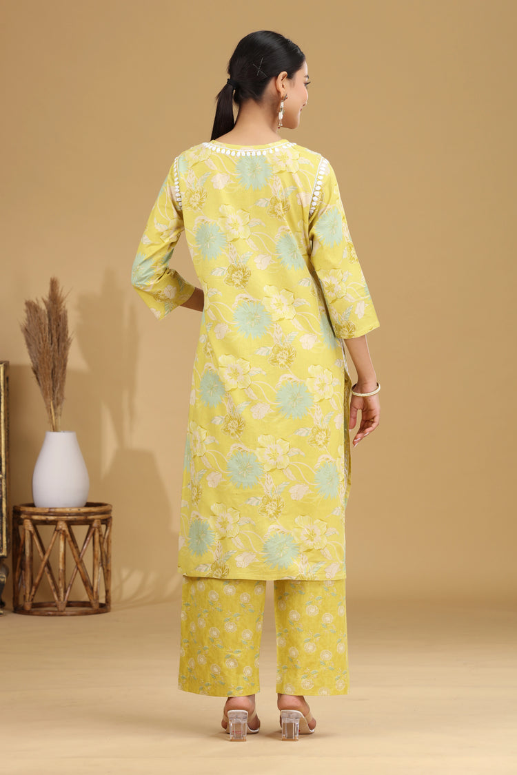 Lime Green Embroidered Cotton Straight Ethnic Set
