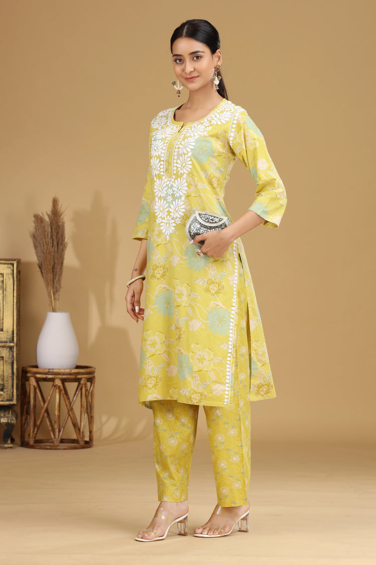 Lime Green Embroidered Cotton Straight Ethnic Set