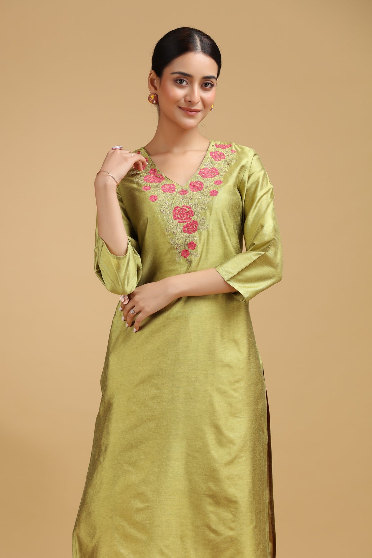 Lime Green Embroidered Straight Kurta