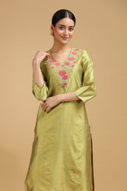 Lime Green Embroidered Straight Kurta