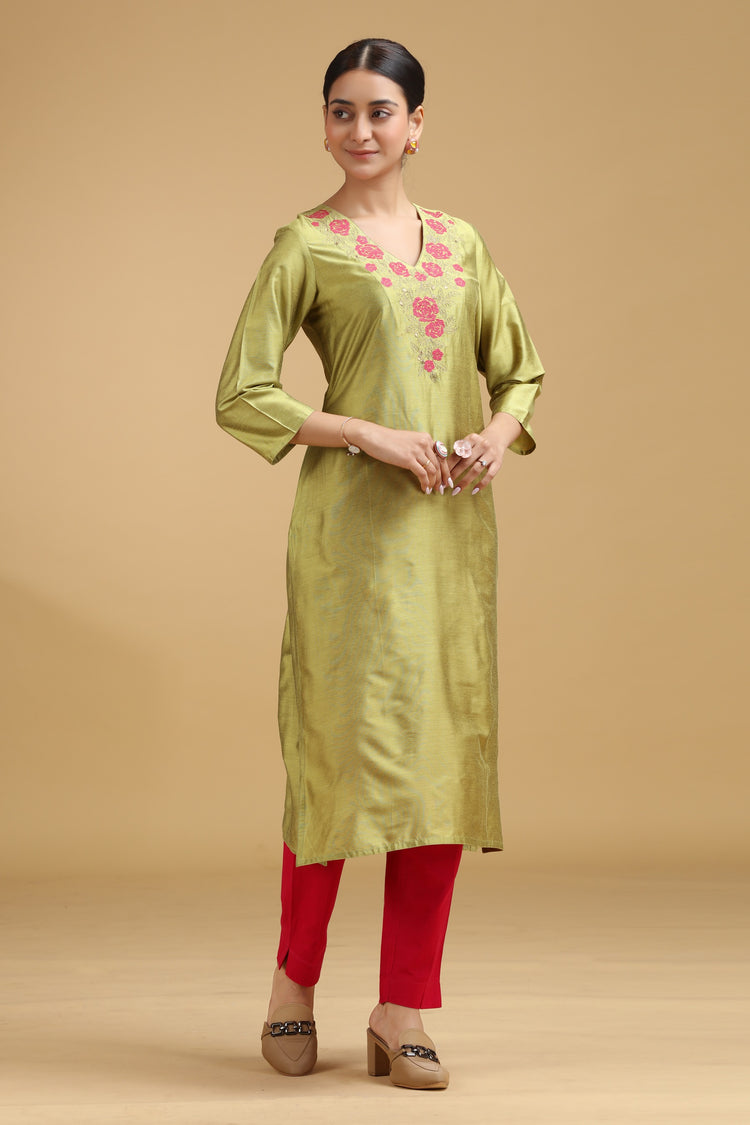 Lime Green Embroidered Straight Kurta