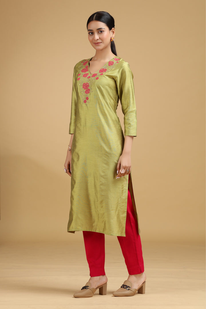 Lime Green Embroidered Straight Kurta