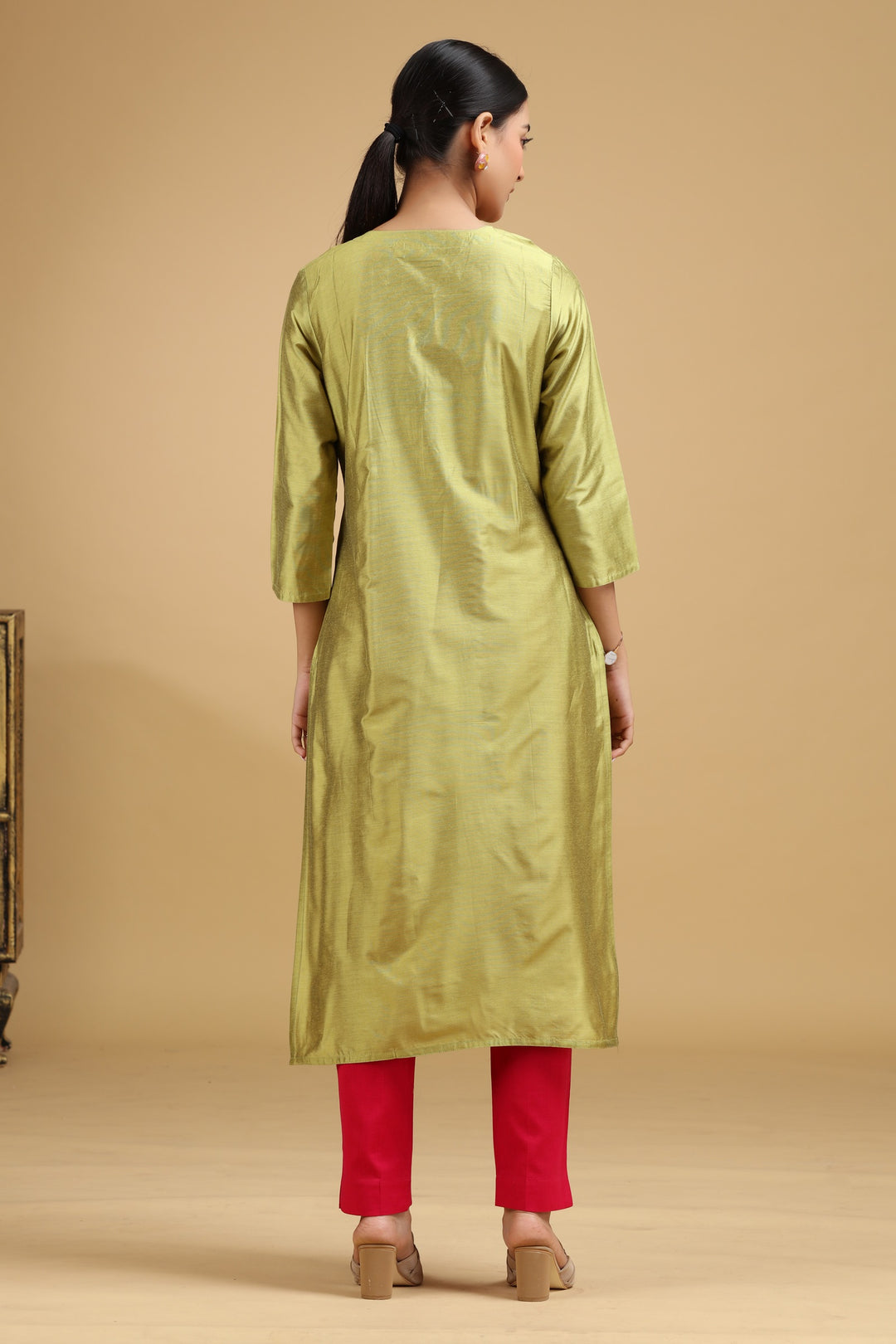 Lime Green Embroidered Straight Kurta