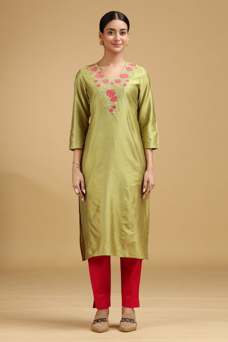 Lime Green Embroidered Straight Kurta