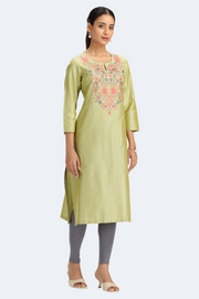 Lime Green PolySilk Embroidered Straight Kurta