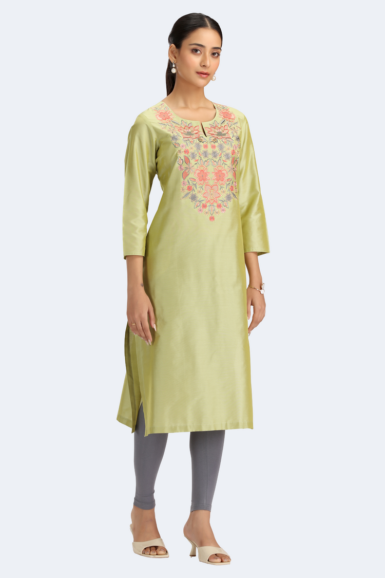 Lime Green PolySilk Embroidered Straight Kurta