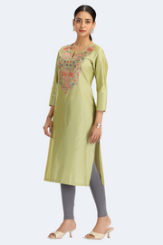 Lime Green PolySilk Embroidered Straight Kurta