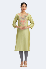 Lime Green PolySilk Embroidered Straight Kurta