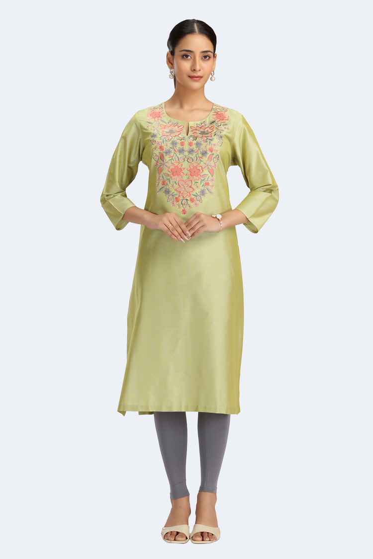 Lime Green PolySilk Embroidered Straight Kurta