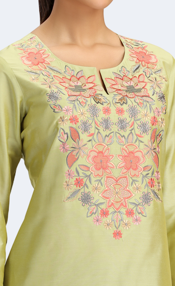Lime Green PolySilk Embroidered Straight Kurta