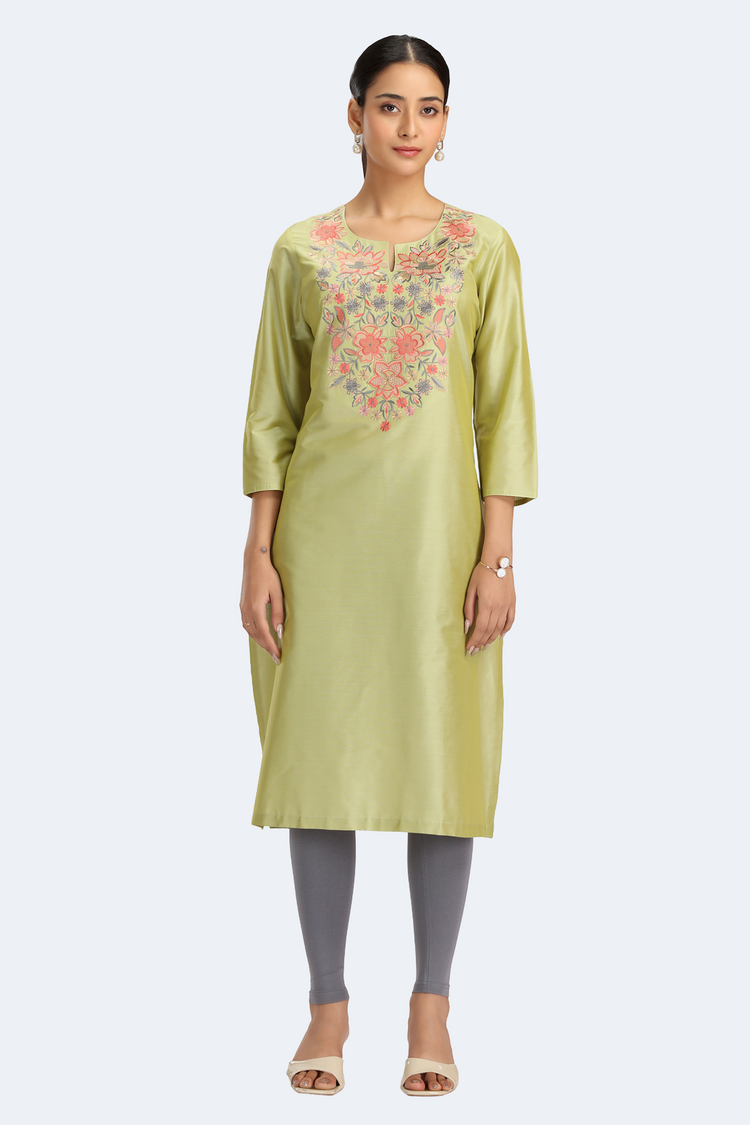 Lime Green PolySilk Embroidered Straight Kurta