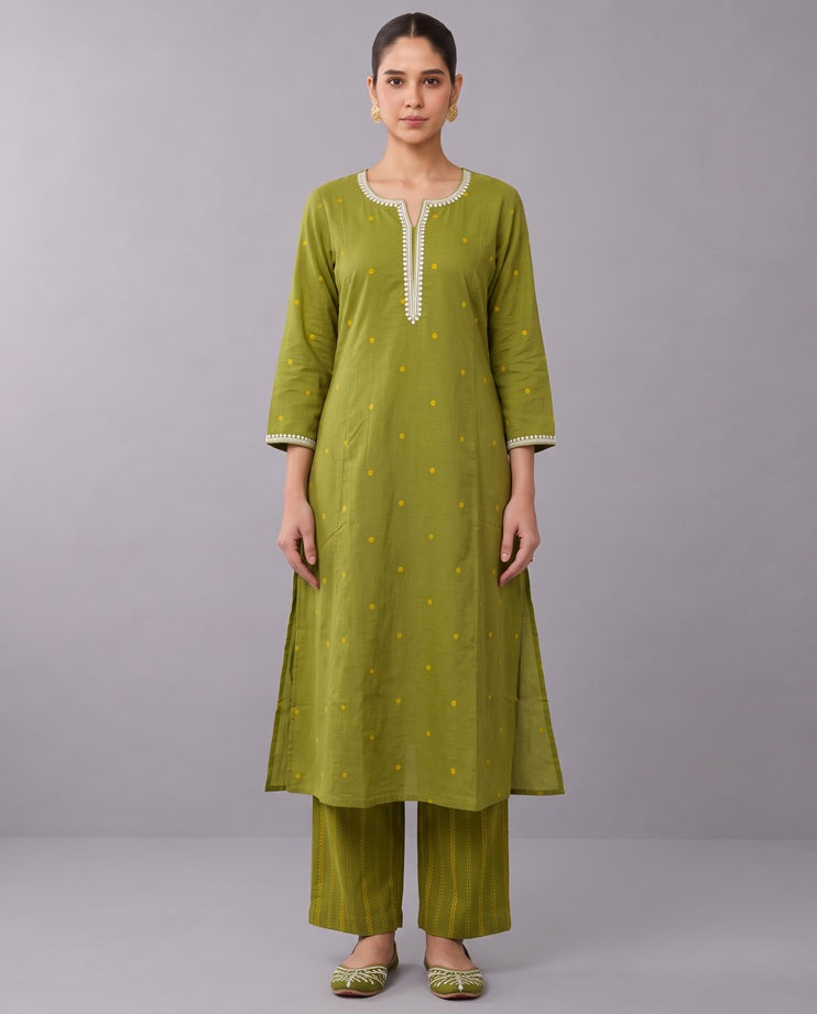 Lime Green Cotton Straight A Line Kurta Pant Co Ord Set