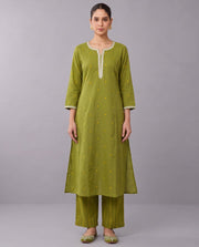 Lime Green Cotton Straight A Line Kurta Pant Co Ord Set