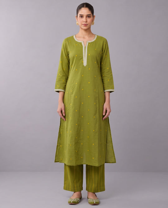 Lime Green Cotton Straight A Line Kurta Pant Co Ord Set