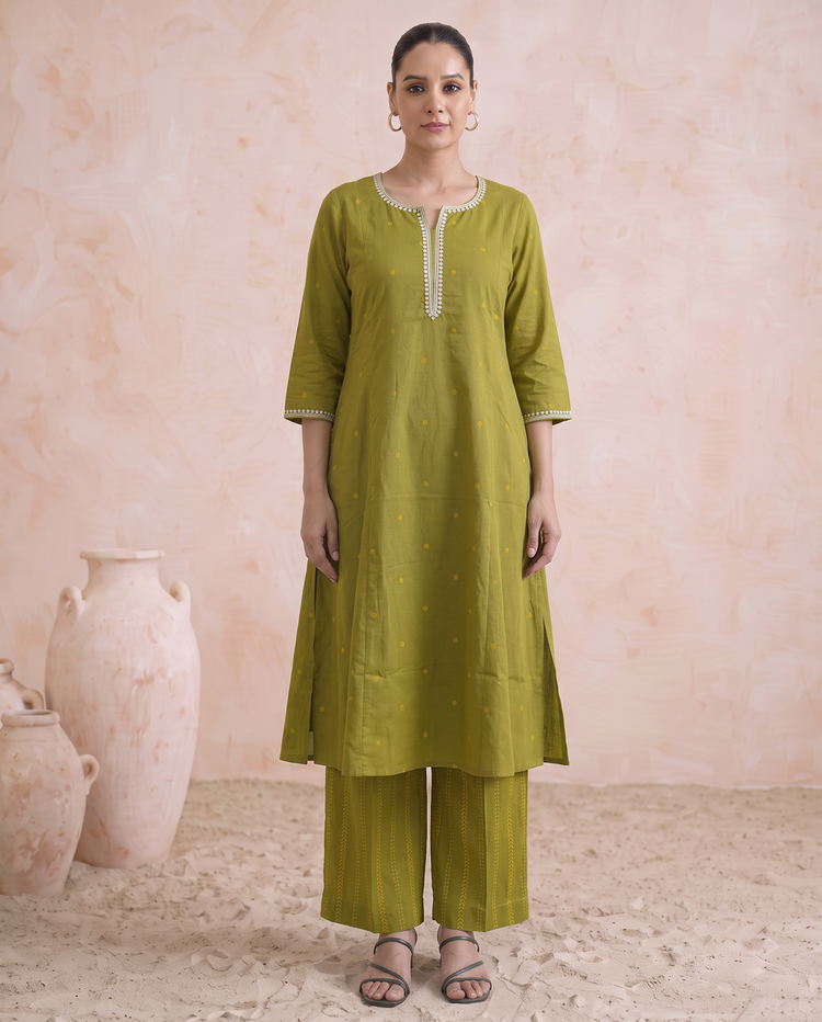 Lime Green Cotton Straight A Line Kurta Pant Co Ord Set