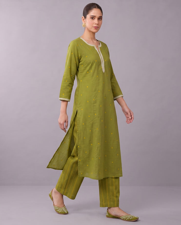 Lime Green Cotton Straight A Line Kurta Pant Co Ord Set