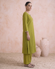 Lime Green Cotton Straight A Line Kurta Pant Co Ord Set