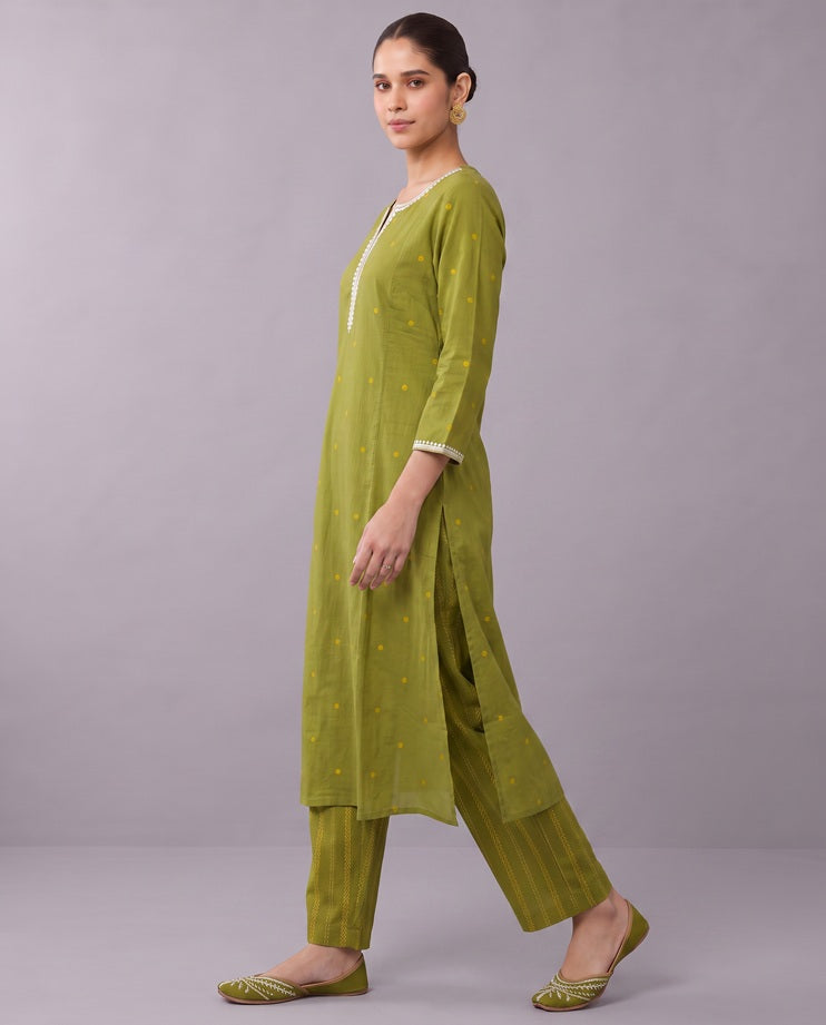 Lime Green Cotton Straight A Line Kurta Pant Co Ord Set