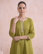 Lime Green Cotton Straight A Line Kurta Pant Co Ord Set