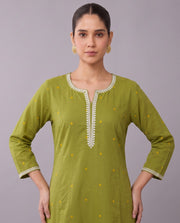 Lime Green Cotton Straight A Line Kurta Pant Co Ord Set